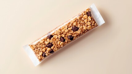 Healthy granola bar with nuts and chocolate pieces on a light background