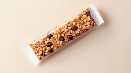 Keuken foto achterwand Healthy granola bar with nuts and chocolate pieces on a light background © Space Priest