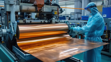 Copper Processing in Metal Industry Workshop. A worker in protective gear operates machinery to process copper sheets in a modern metal industry workshop, showcasing precision and safety standards.
