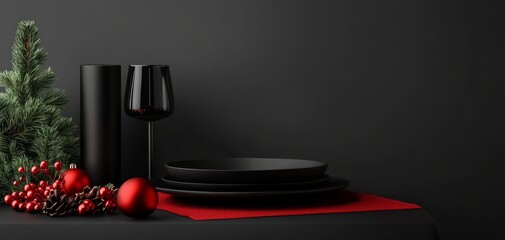 Elegant black table setting for a festive occasion with red accents and Christmas decorations.