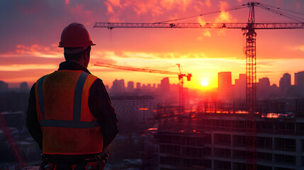 Fototapeta premium Construction Worker Silhouetted Against Sunset Sky with Crane and City Skyline