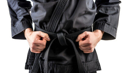 Martial arts master in keikogi with black belt on white background, closeup