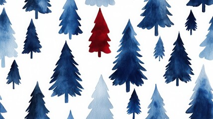 A whimsical watercolor pattern of blue trees with one bright red tree, creating a striking contrast against a white background.