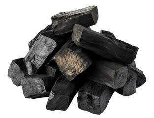 Pile of black charcoal logs with burnt edges, isolated on transparent cutout background
