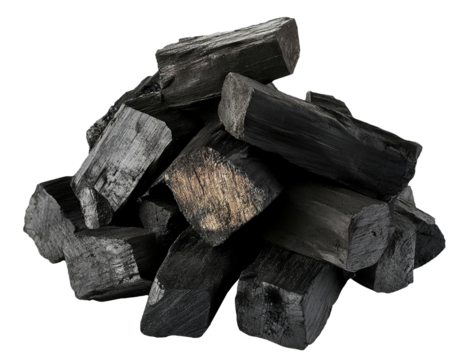 Pile of black charcoal logs with burnt edges, isolated on transparent cutout background