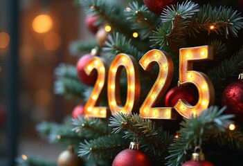 2025 new year celebration background with christmas tree ornaments