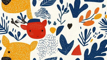 A whimsical pattern featuring stylized animals and colorful foliage, blending cheerful shapes in a playful design.
