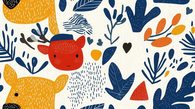 A whimsical pattern featuring stylized animals and colorful foliage, blending cheerful shapes in a playful design.