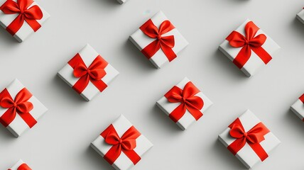 Obraz premium A flat lay of neatly arranged white gift boxes adorned with red bows against a neutral background, perfect for celebrations and holidays.