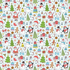 Naklejka premium Christmas seamless pattern with cute cartoon characters and decorations. Wallpaper design. Vector illustration