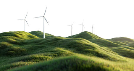 Renewable energy windmills on hilly landscape, isolated on transparent cutout background