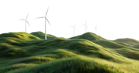 Renewable energy windmills on hilly landscape, isolated on transparent cutout background