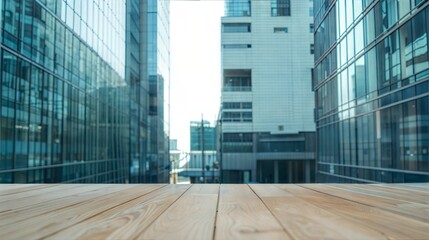 Fototapeta premium Modern cityscape featuring glass buildings with wooden flooring in the foreground.
