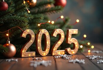 2025 new year celebration background with christmas tree ornaments