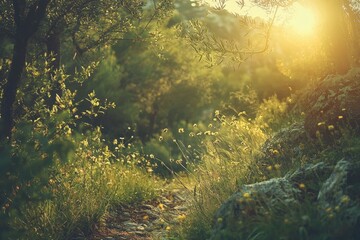 A sunlit path through a tranquil forest in the early morning light