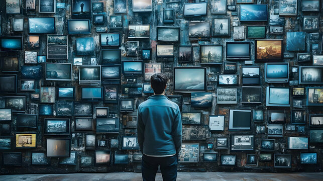 Man Overwhelmed by Information on Screens