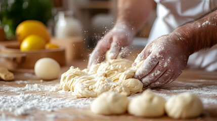 Fototapeta premium Hands Kneading Dough In Flour.