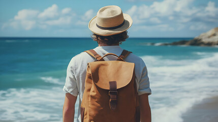 Man with Backpack on a Beach.