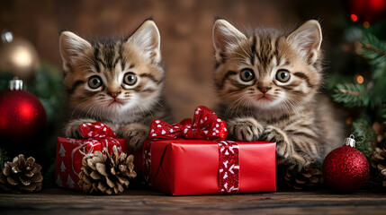 Two Kittens with Christmas Gifts.