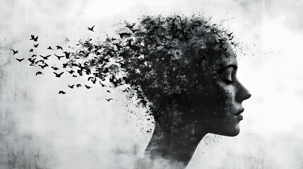 Woman's face dissolving into birds.
