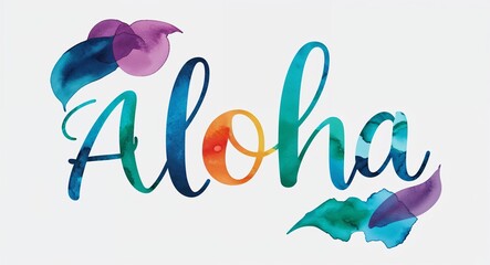 Fototapeta premium aloha calligraphy lettering with watercolor shapes design abstract on plain white background