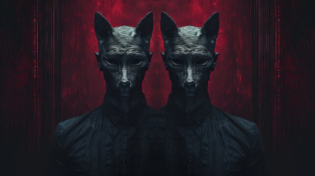 Two humanoid figures in dark clothing wearing cat like masks, standing symmetrically against a red-lit background, exuding an eerie, mystical atmosphere