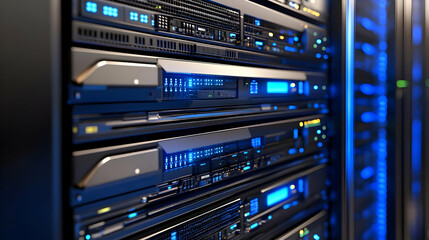 Close-up View of a Server Rack with Blue Lights, Indicating Active Data Processing and Network Connectivity in a Modern Data Center