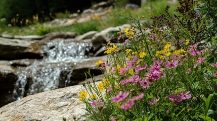 A serene spring landscape with vibrant flowers blooming near a gentle stream in nature