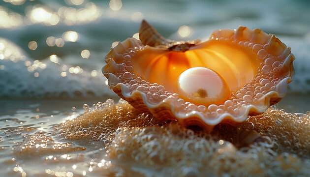 Shiny pearl in shell on sand with ocean background generated.AI