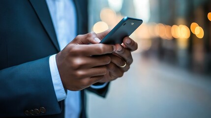 Professional using mobile phone for business transactions, client management, and project coordination.