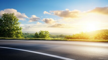 Fototapeta premium Early morning sunlight breaks through clouds over a winding road in a tranquil landscape with lush greenery