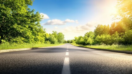 Fototapeta premium A peaceful view of an empty road surrounded by greenery during a sunny day with fluffy clouds in the sky