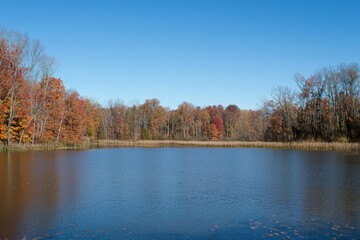 Fototapeta premium Autumn reflections on a serene lake surrounded by vibrant foliage in a tranquil setting