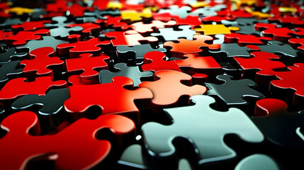 3D Rendered Glossy Red and Black Puzzle Pieces Interlocking Together in Abstract Background Design
