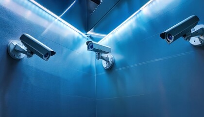 Three security cameras mounted on a blue wall, symbolizing surveillance, safety, technology, protection, and modern security systems.