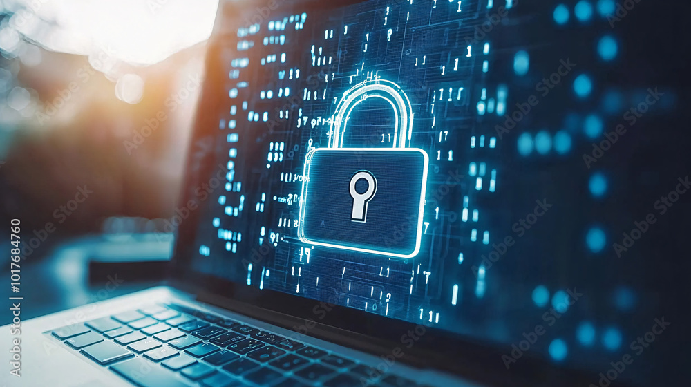 Poster laptop computer with a prominent digital padlock on screen, encrypted data floating around, futurist
