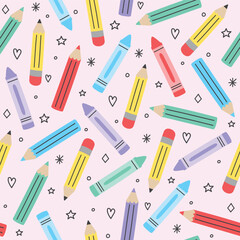 School background with hand drawn crayon icons. Seamless pattern. Vector illustration