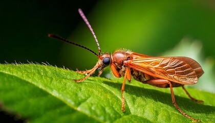 A highly detailed macro image of a small, golden-brown insect with long antennae