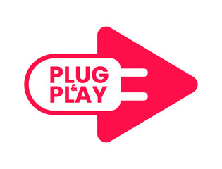 Plug and play text in red frame background. plug and play icon, plug and play logo, plug and play badge. Vector illustration