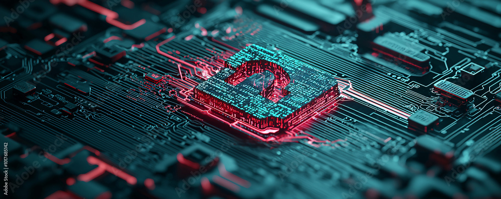 Poster computer monitor displaying a massive digital padlock in the center, surrounded by code, high-tech s
