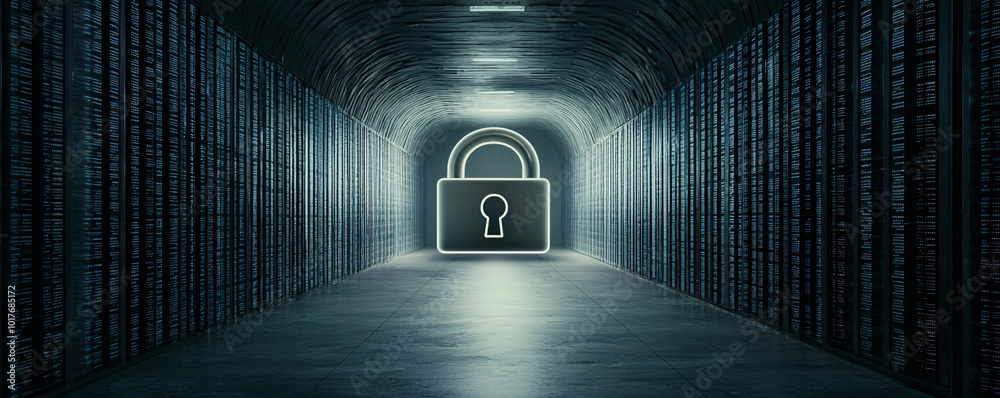 Poster computer monitor displaying a massive digital padlock in the center, surrounded by code, high-tech s