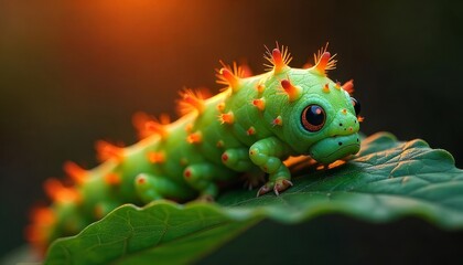 Fototapeta premium A close-up shot of a vibrant green caterpillar with spiky orange protrusions crawling on a green leaf. The caterpillar's large eyes and unique features create a sense of wonder and curiosity, highligh