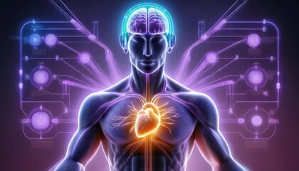 A digital illustration representing the interconnectedness of the mind and body. A glowing brain symbolizes intellect, creativity, and consciousness, while a radiant heart represents emotions, love, a