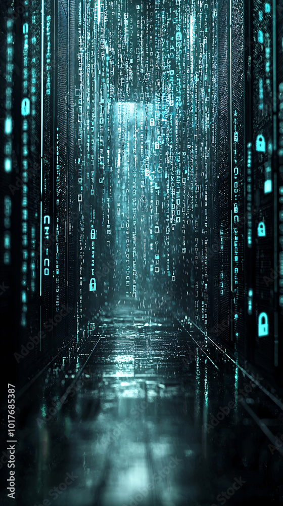 Poster server room with dark lighting, rows of computers and digital padlocks hovering above, complex encry