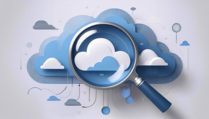 A magnifying glass focuses on a cloud symbol, highlighting the importance of security and data protection in the digital age. This image symbolizes cloud computing, data privacy, cybersecurity, risk a