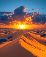 A breathtaking desert sunset with vibrant orange hues and dramatic clouds, creating a mesmerizing scene.