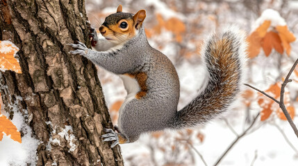 Fototapeta premium Grey Squirrel Climbing Tree in Winter.