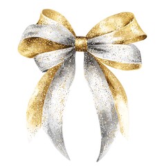 A Christmas bow with glitter details, watercolor style, sparkling gold and silver ribbon, festive and shiny, isolated on white background 