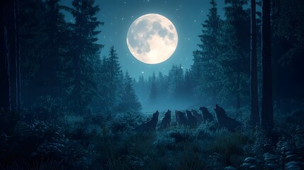 A pack of wolves howl at the full moon in a dark and misty forest.