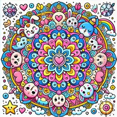 Fototapeta premium Colorful Doodle Mandala with Cute Animals and Hearts